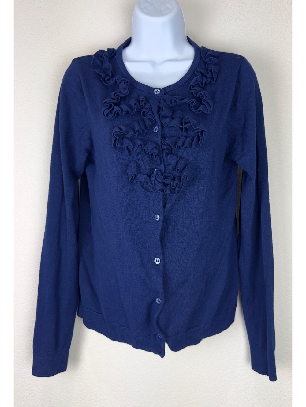 Grace Elements Womens Blue Ruffle Front Cardigan Sweater Button Up Long Sleeve